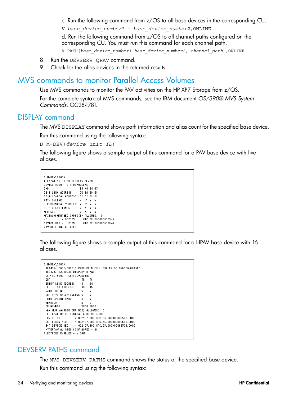Mvs commands to monitor parallel access volumes, Display command, Devserv paths command | Display command devserv paths command | HP XP7 Storage User Manual | Page 34 / 53