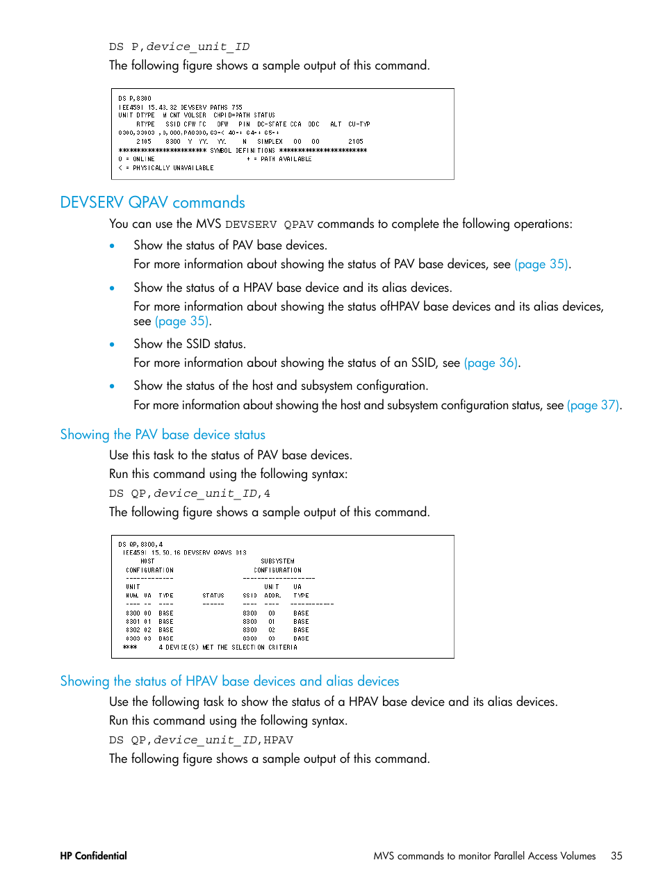 Devserv qpav commands, Showing the pav base device status | HP XP7 Storage User Manual | Page 35 / 53