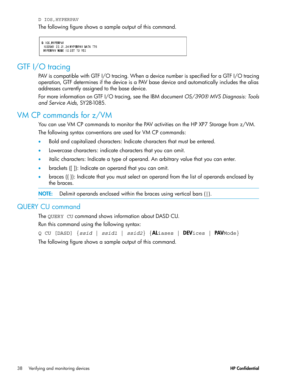 Gtf i/o tracing, Vm cp commands for z/vm, Query cu command | Gtf i/o tracing vm cp commands for z/vm | HP XP7 Storage User Manual | Page 38 / 53