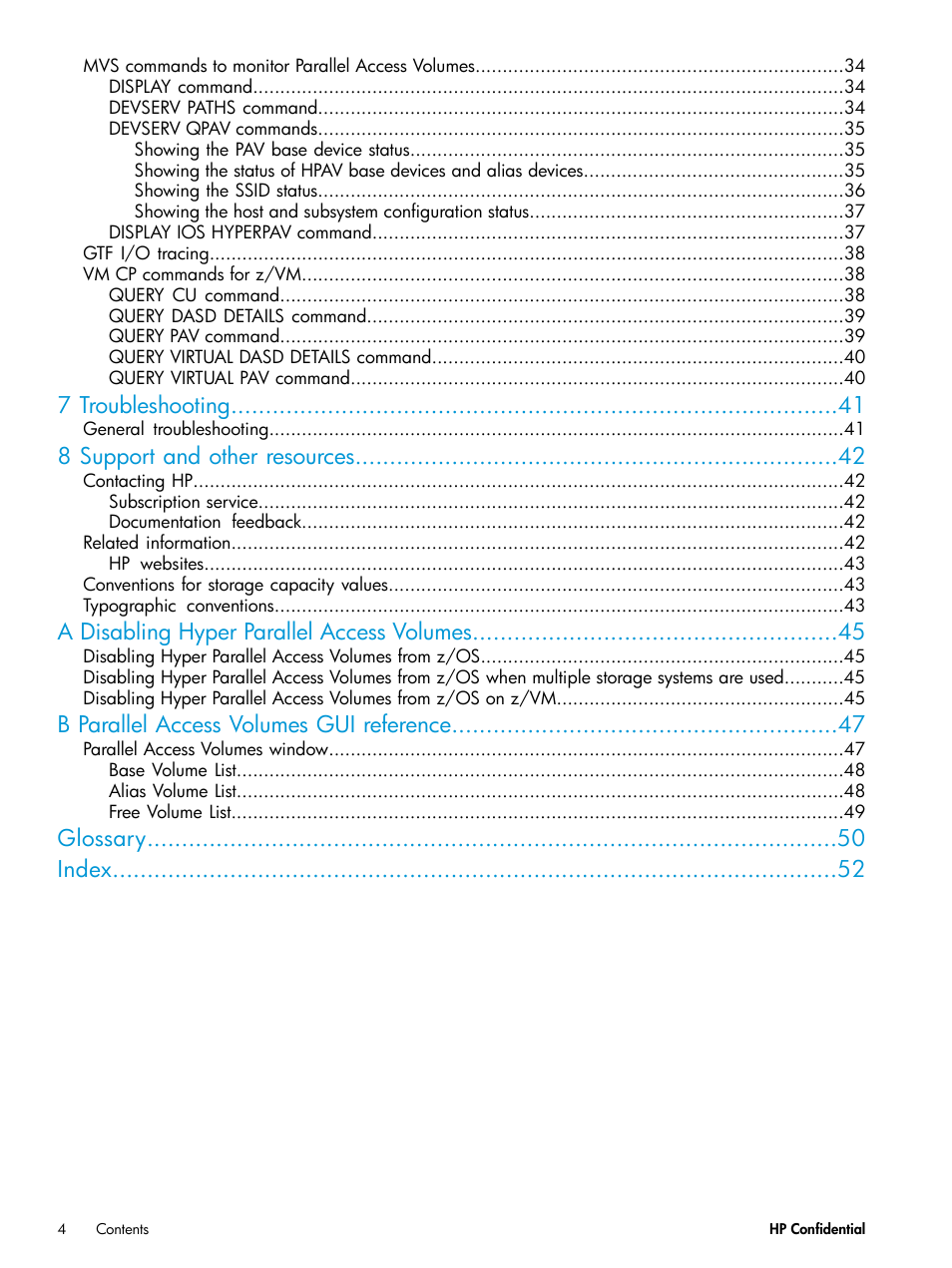 7 troubleshooting, 8 support and other resources, A disabling hyper parallel access volumes | B parallel access volumes gui reference, Glossary index | HP XP7 Storage User Manual | Page 4 / 53
