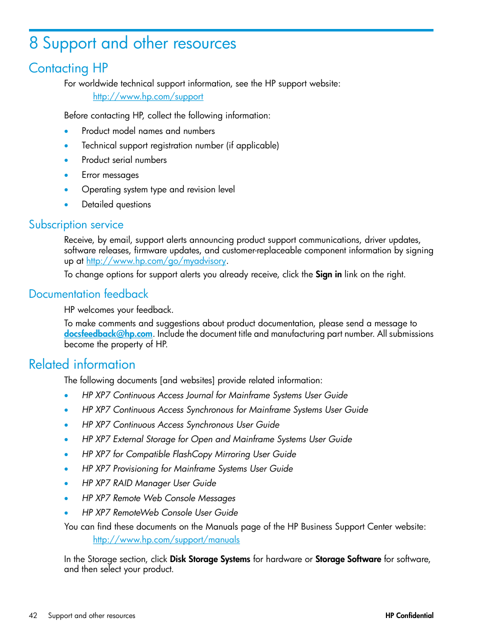 8 support and other resources, Contacting hp, Subscription service | Documentation feedback, Related information, Subscription service documentation feedback | HP XP7 Storage User Manual | Page 42 / 53