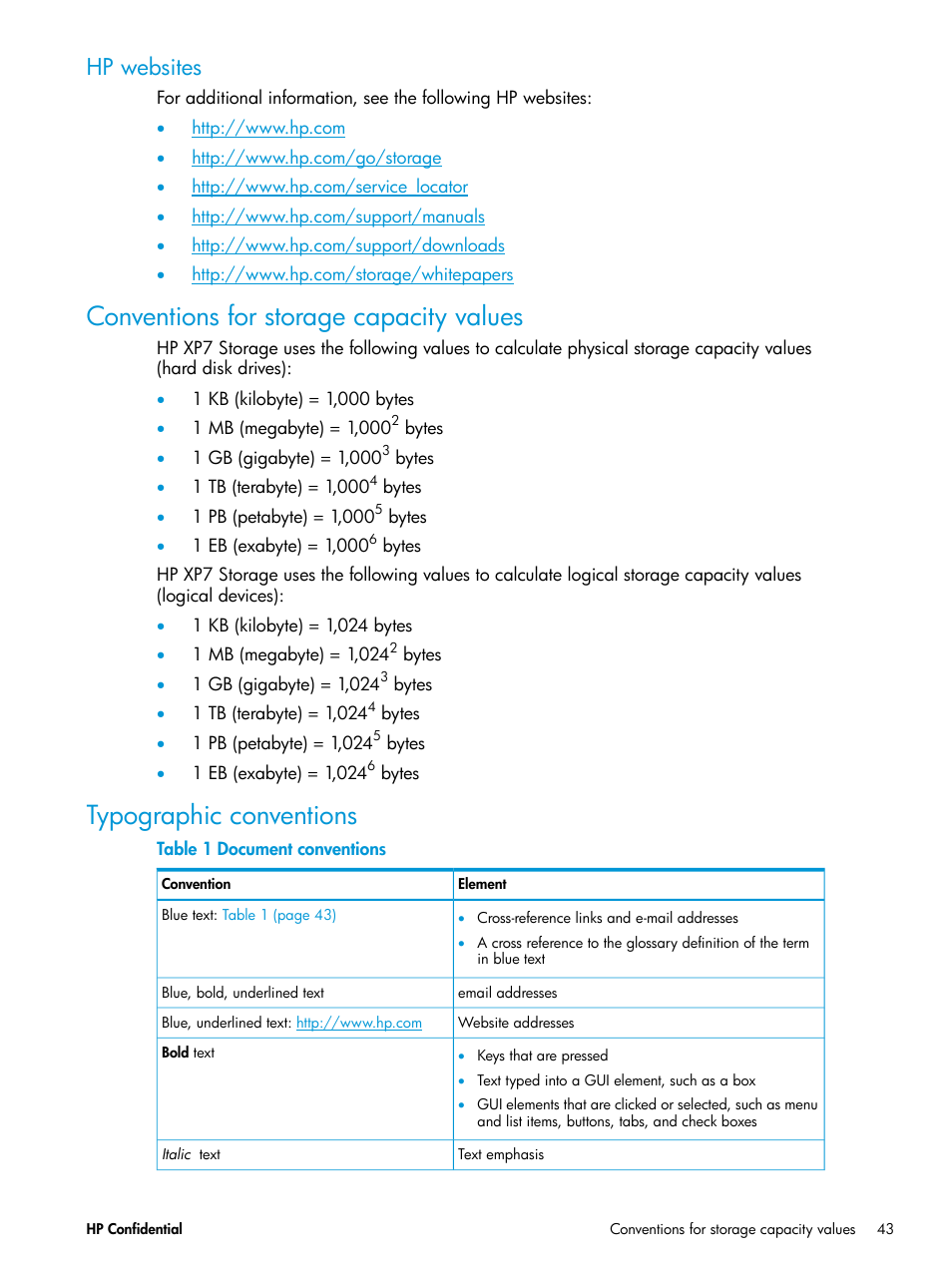 Hp websites, Conventions for storage capacity values, Typographic conventions | HP XP7 Storage User Manual | Page 43 / 53