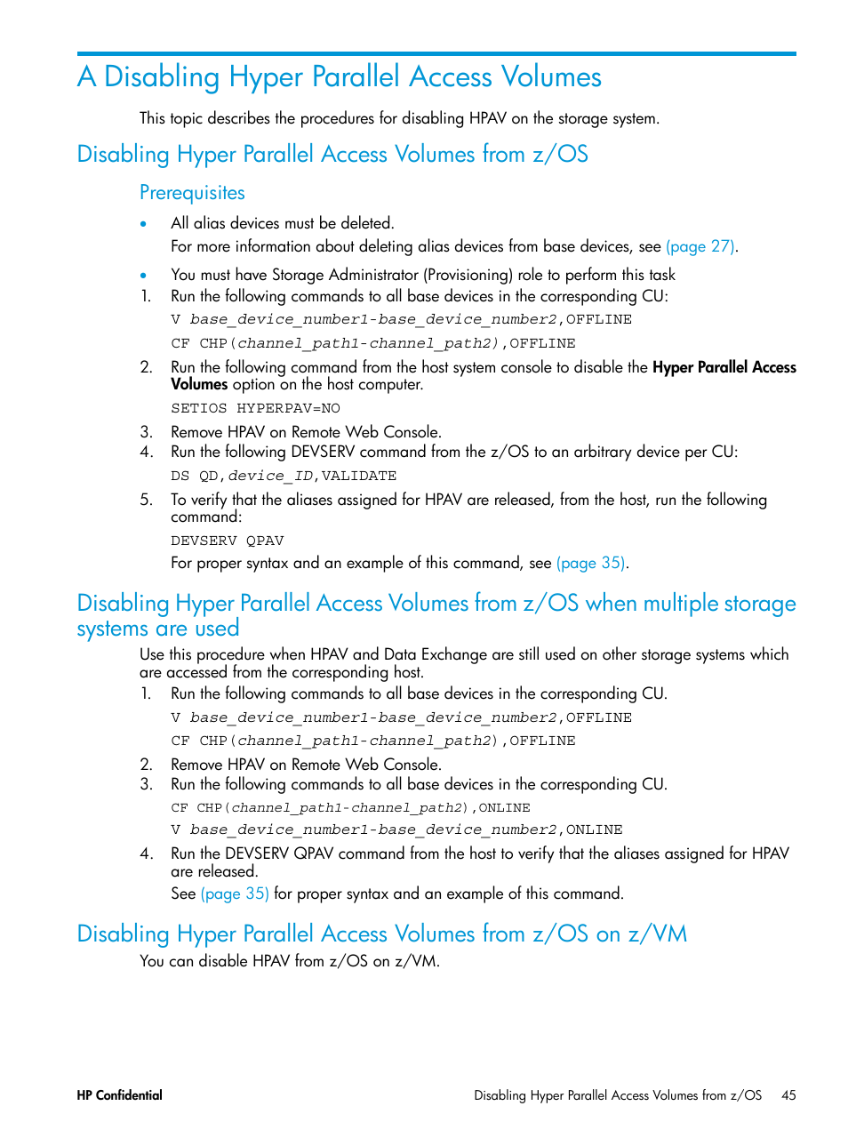 A disabling hyper parallel access volumes, Disabling hyper parallel access volumes from z/os, Prerequisites | HP XP7 Storage User Manual | Page 45 / 53