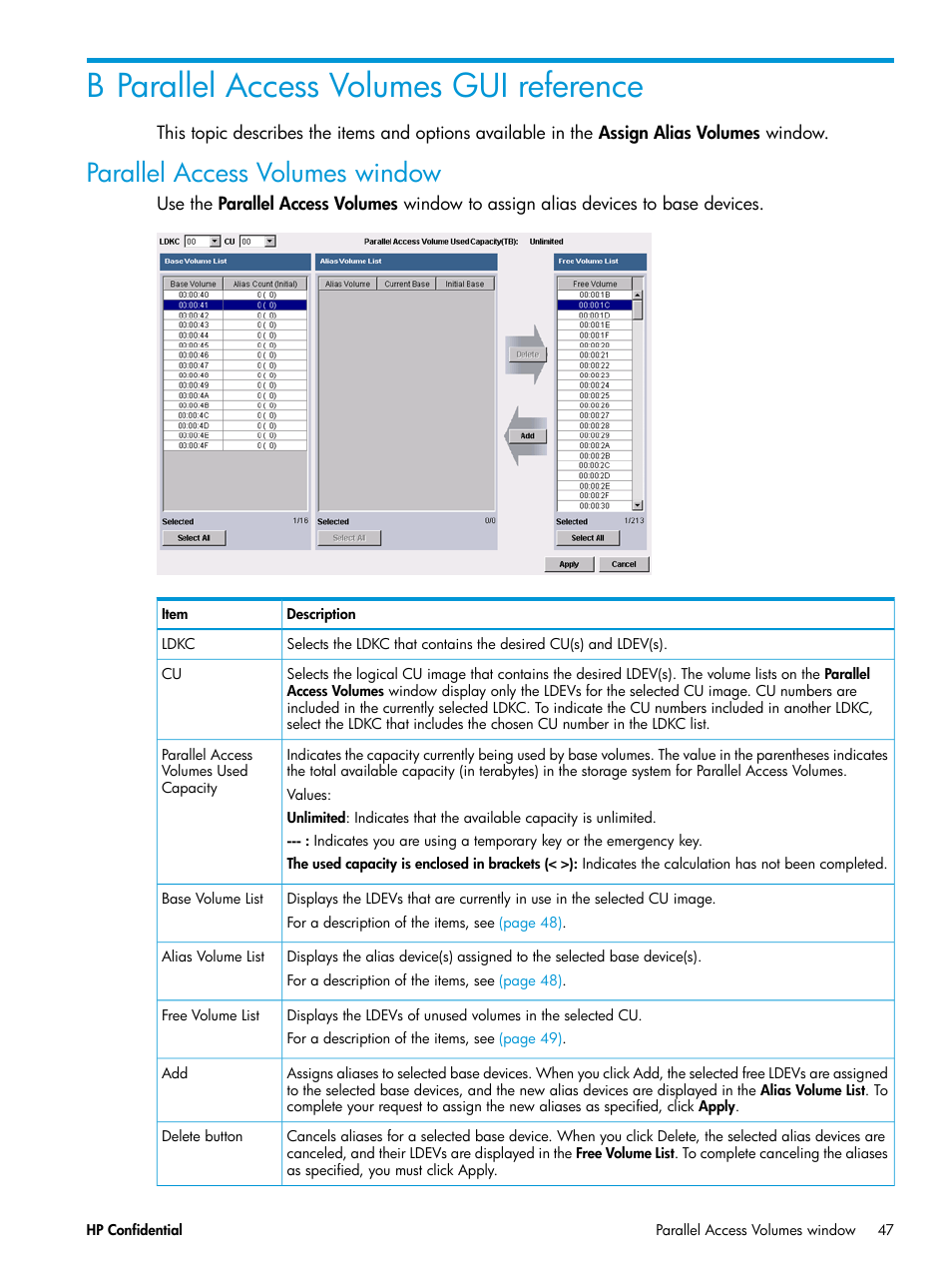 B parallel access volumes gui reference, Parallel access volumes window | HP XP7 Storage User Manual | Page 47 / 53