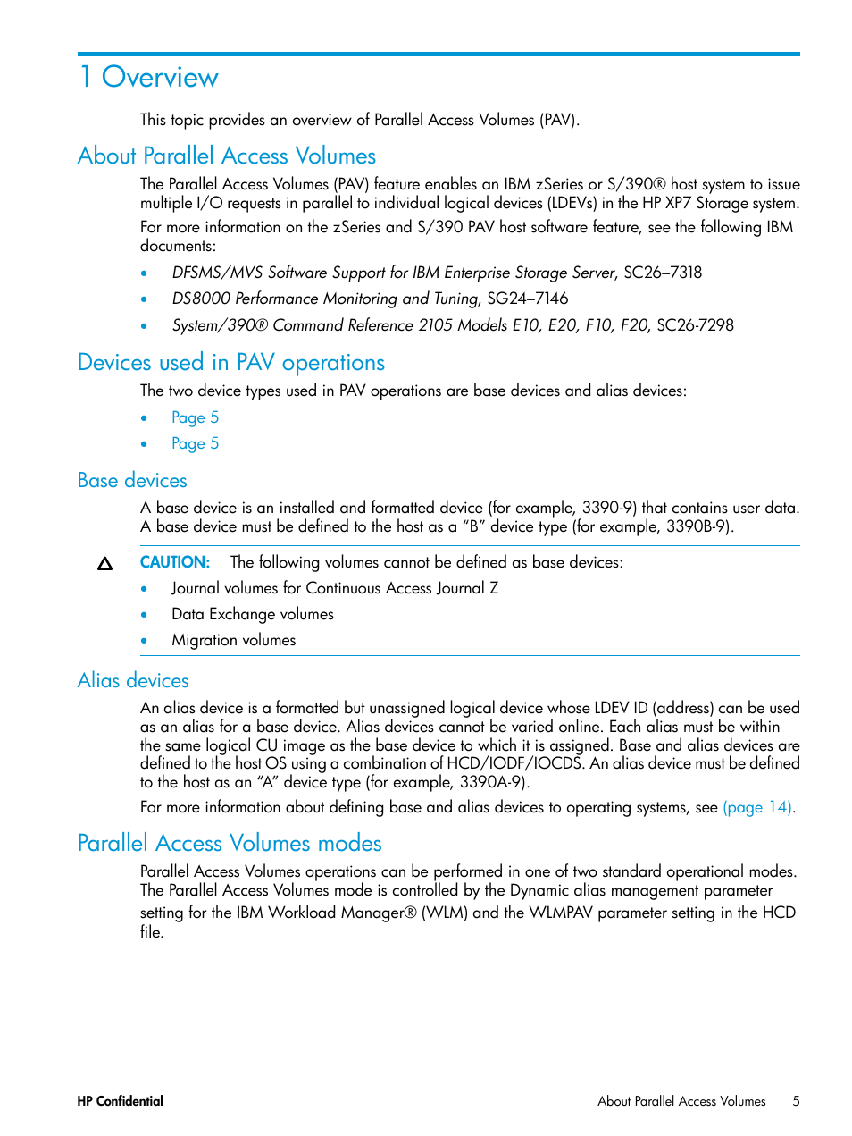 1 overview, About parallel access volumes, Devices used in pav operations | Base devices, Alias devices, Parallel access volumes modes, Base devices alias devices | HP XP7 Storage User Manual | Page 5 / 53