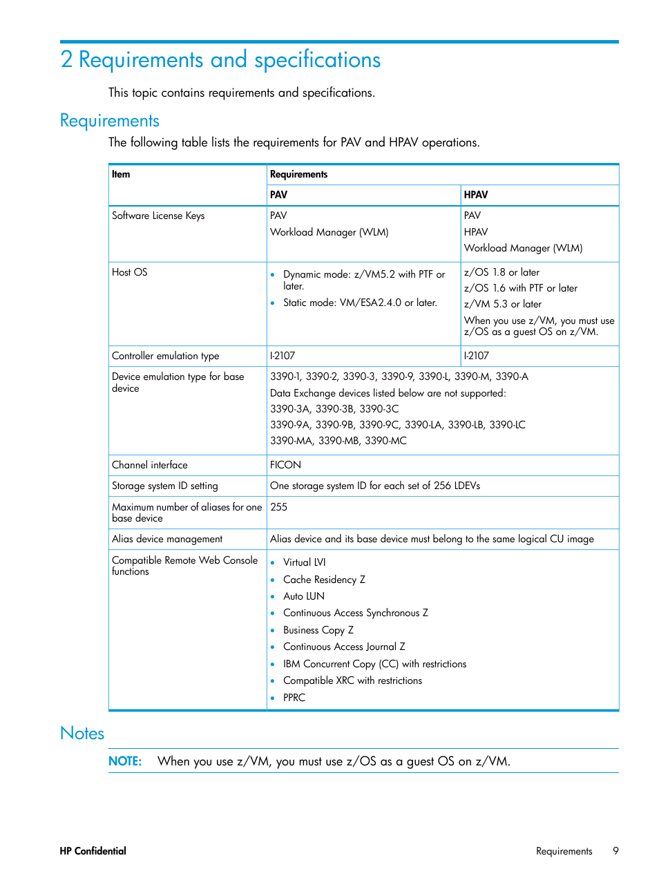 2 requirements and specifications, Requirements, Notes | Requirements notes | HP XP7 Storage User Manual | Page 9 / 53