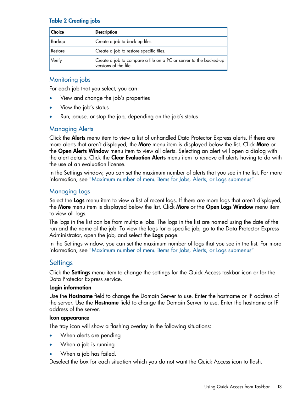 Settings | HP Data Protector Express Basic-Software User Manual | Page 13 / 83