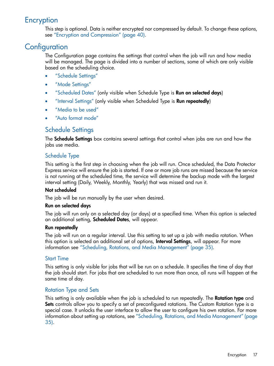 Encryption, Configuration, Encryption configuration | Schedule settings | HP Data Protector Express Basic-Software User Manual | Page 17 / 83