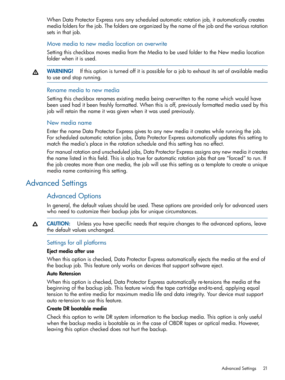 Advanced settings, Advanced options | HP Data Protector Express Basic-Software User Manual | Page 21 / 83