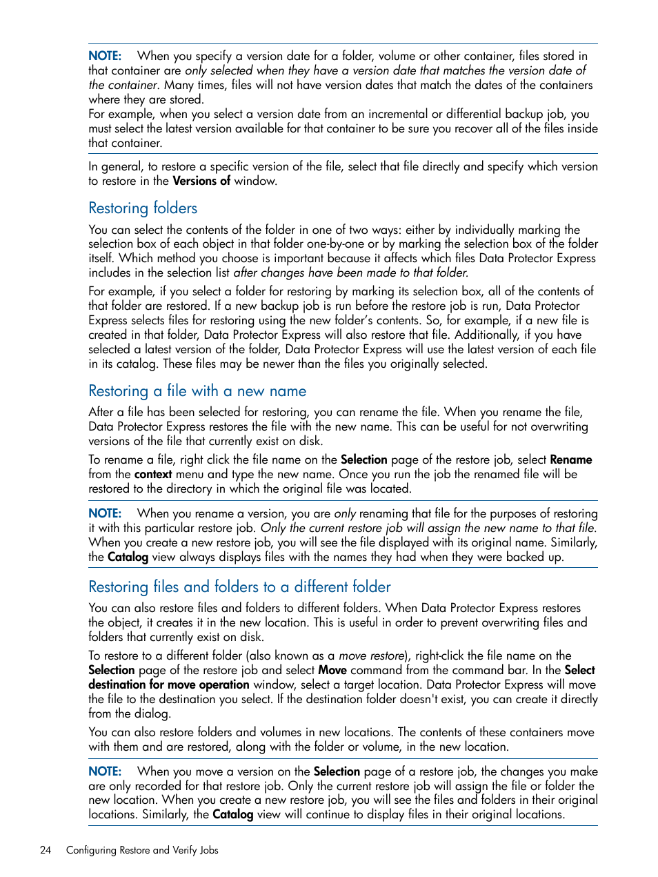 Restoring folders, Restoring a file with a new name, Restoring files and folders to a different folder | HP Data Protector Express Basic-Software User Manual | Page 24 / 83