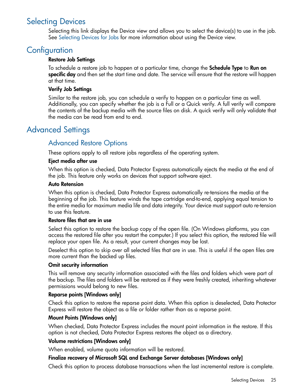 Selecting devices, Configuration, Advanced settings | Selecting devices configuration advanced settings, Advanced restore options | HP Data Protector Express Basic-Software User Manual | Page 25 / 83