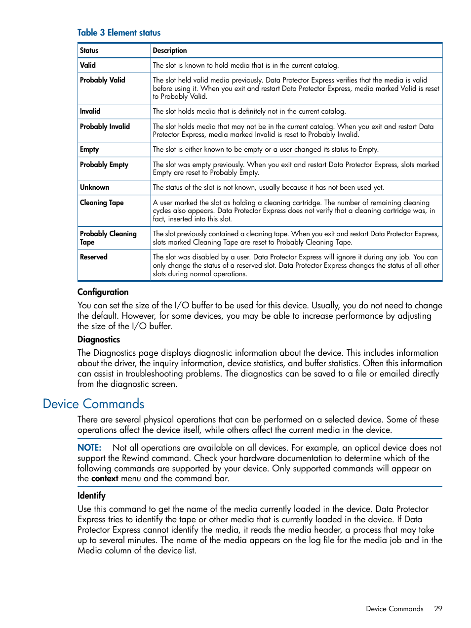 Device commands | HP Data Protector Express Basic-Software User Manual | Page 29 / 83