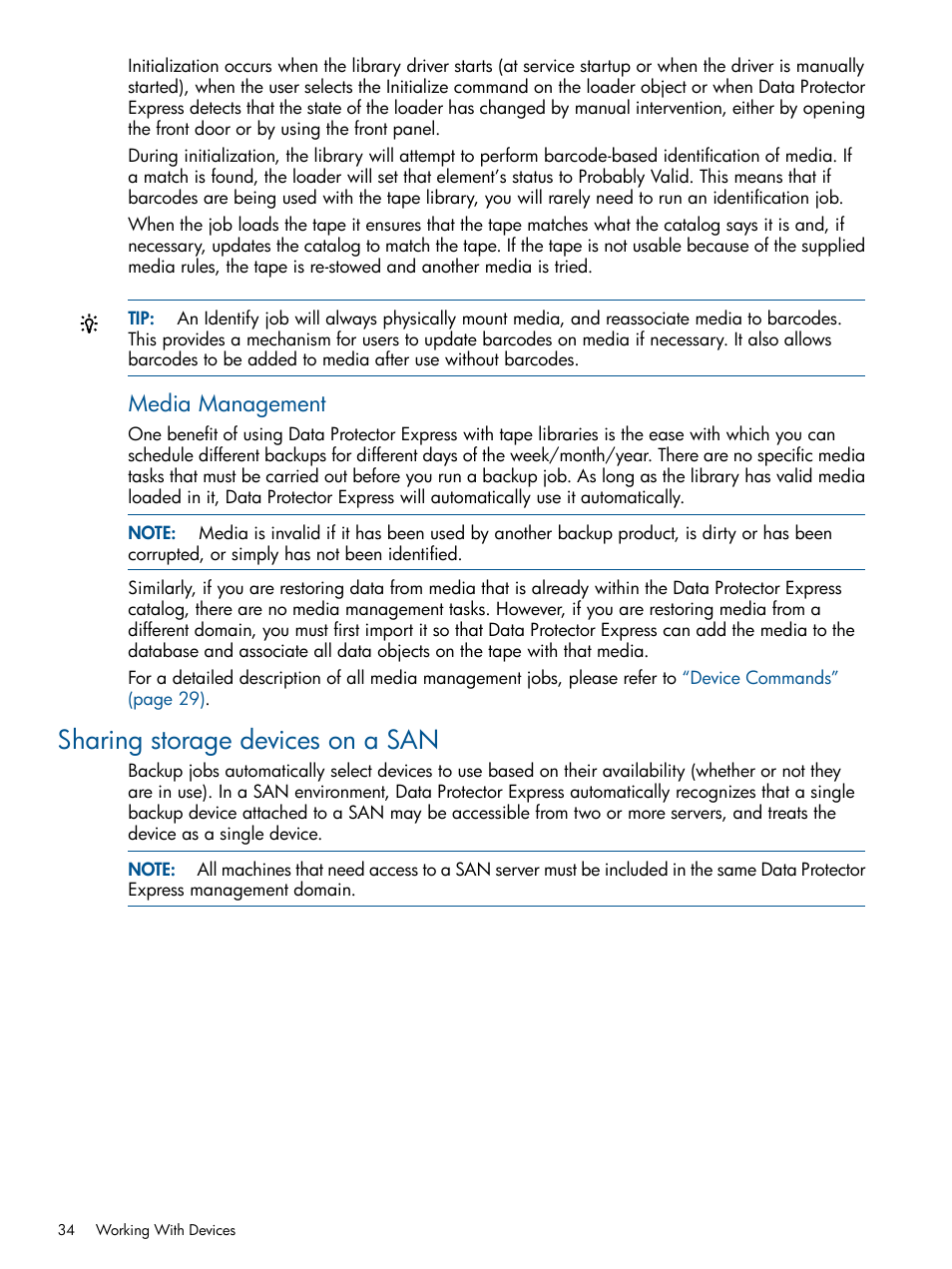 Sharing storage devices on a san, Media management | HP Data Protector Express Basic-Software User Manual | Page 34 / 83