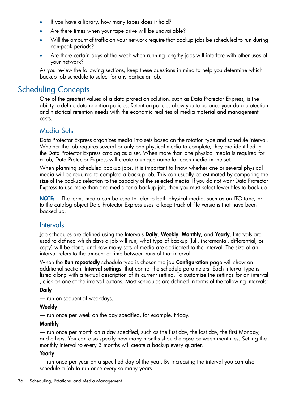 Scheduling concepts, Intervals, Media | Sets, Media sets | HP Data Protector Express Basic-Software User Manual | Page 36 / 83
