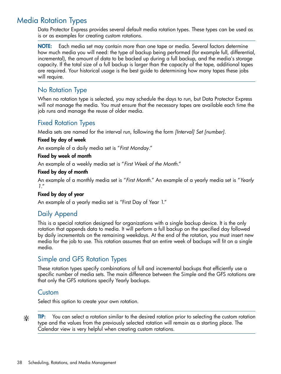 Media rotation types, No rotation type, Fixed rotation types | Daily append, Simple and gfs rotation types, Custom | HP Data Protector Express Basic-Software User Manual | Page 38 / 83