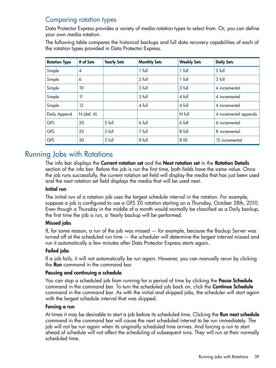 Running jobs with rotations, Comparing rotation types | HP Data Protector Express Basic-Software User Manual | Page 39 / 83