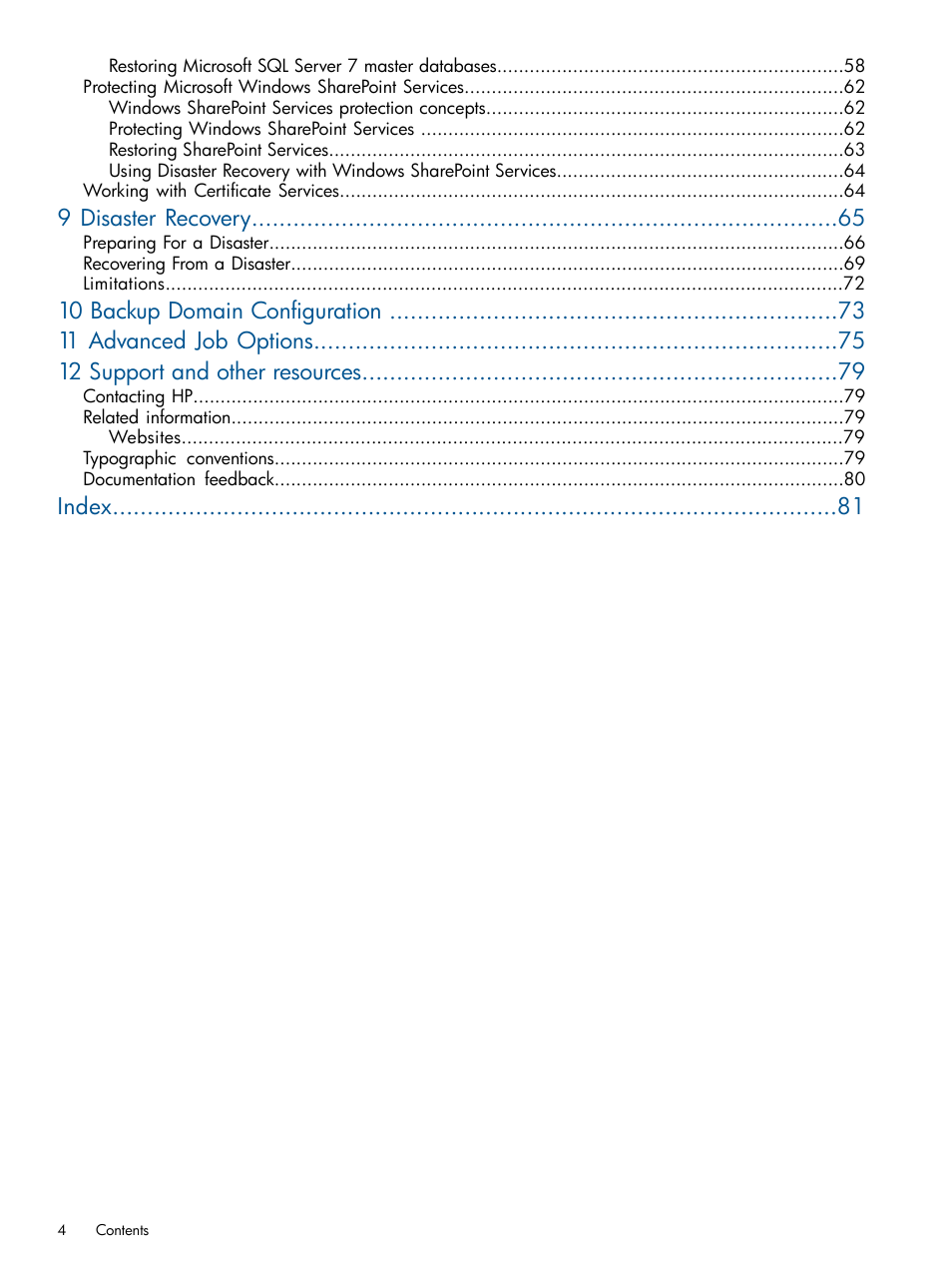 9 disaster recovery, Index | HP Data Protector Express Basic-Software User Manual | Page 4 / 83