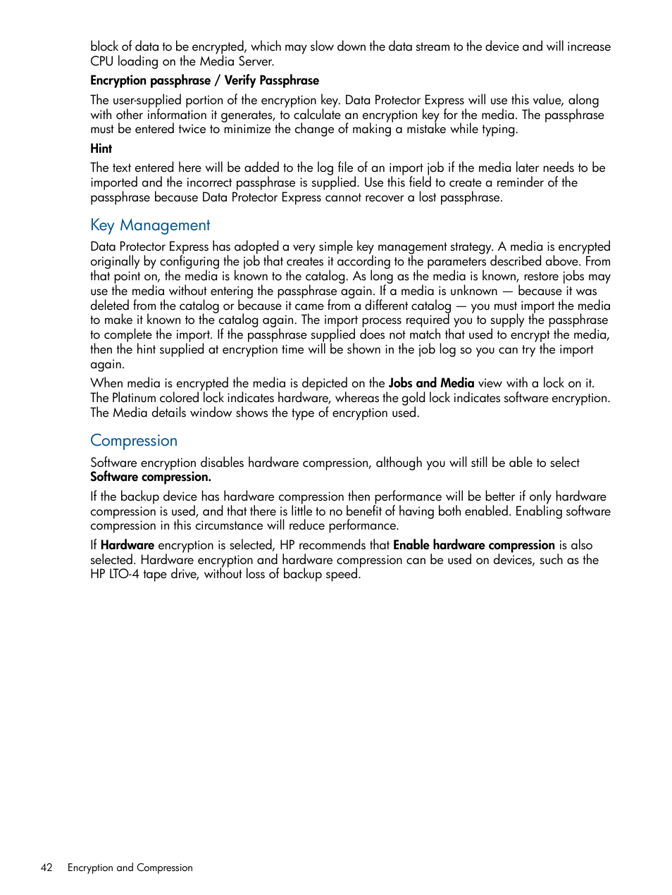 Key management, Compression | HP Data Protector Express Basic-Software User Manual | Page 42 / 83