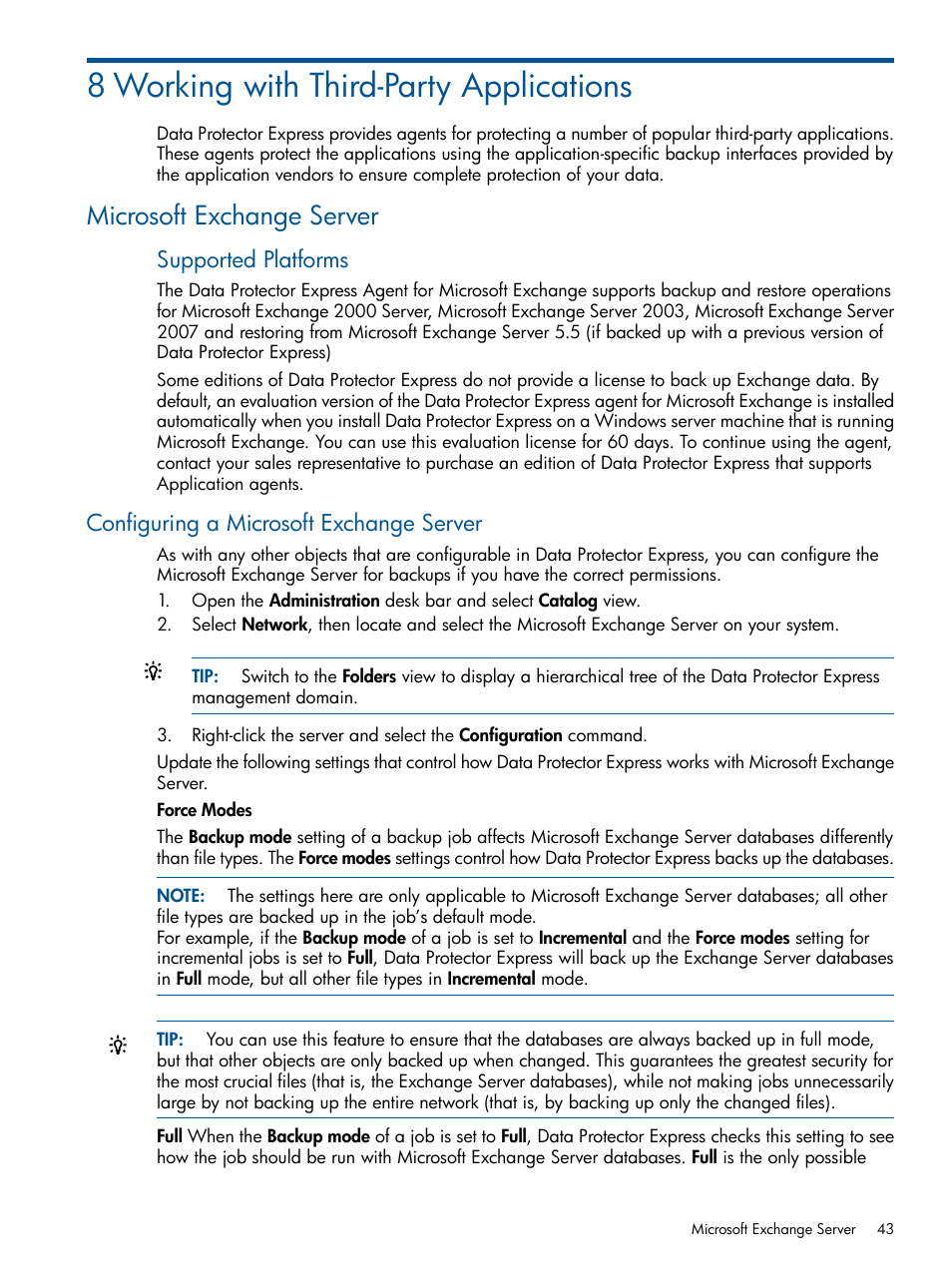 8 working with third-party applications, Microsoft exchange server, Configuring a microsoft exchange server | Supported platforms | HP Data Protector Express Basic-Software User Manual | Page 43 / 83