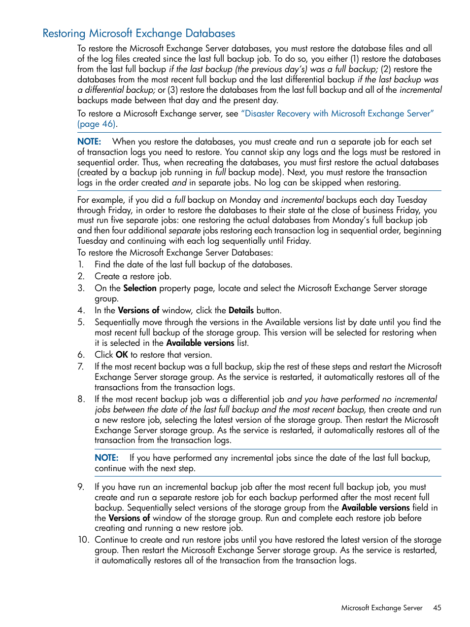 Restoring microsoft exchange databases | HP Data Protector Express Basic-Software User Manual | Page 45 / 83