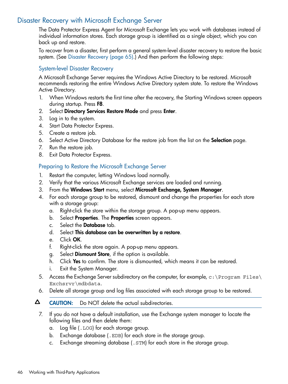 Disaster recovery with microsoft exchange server | HP Data Protector Express Basic-Software User Manual | Page 46 / 83
