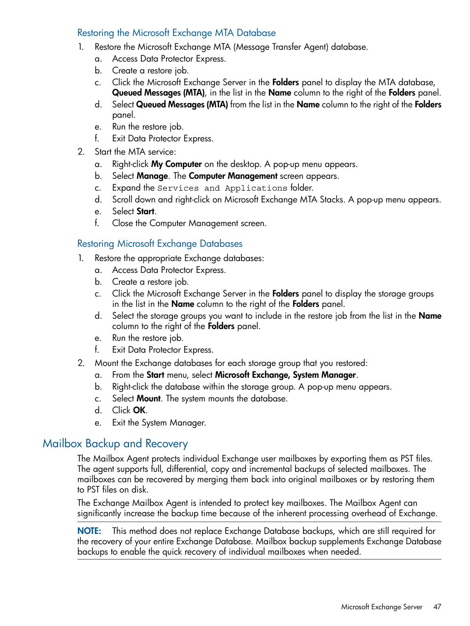 Mailbox backup and recovery | HP Data Protector Express Basic-Software User Manual | Page 47 / 83