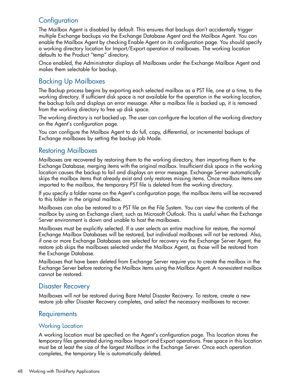 Configuration, Backing up mailboxes, Restoring mailboxes | Disaster recovery, Requirements | HP Data Protector Express Basic-Software User Manual | Page 48 / 83