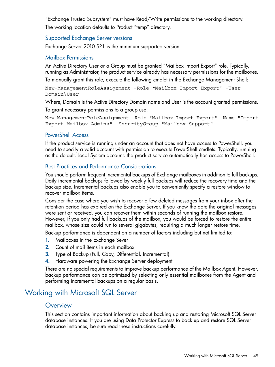 Working with microsoft sql server, Overview | HP Data Protector Express Basic-Software User Manual | Page 49 / 83