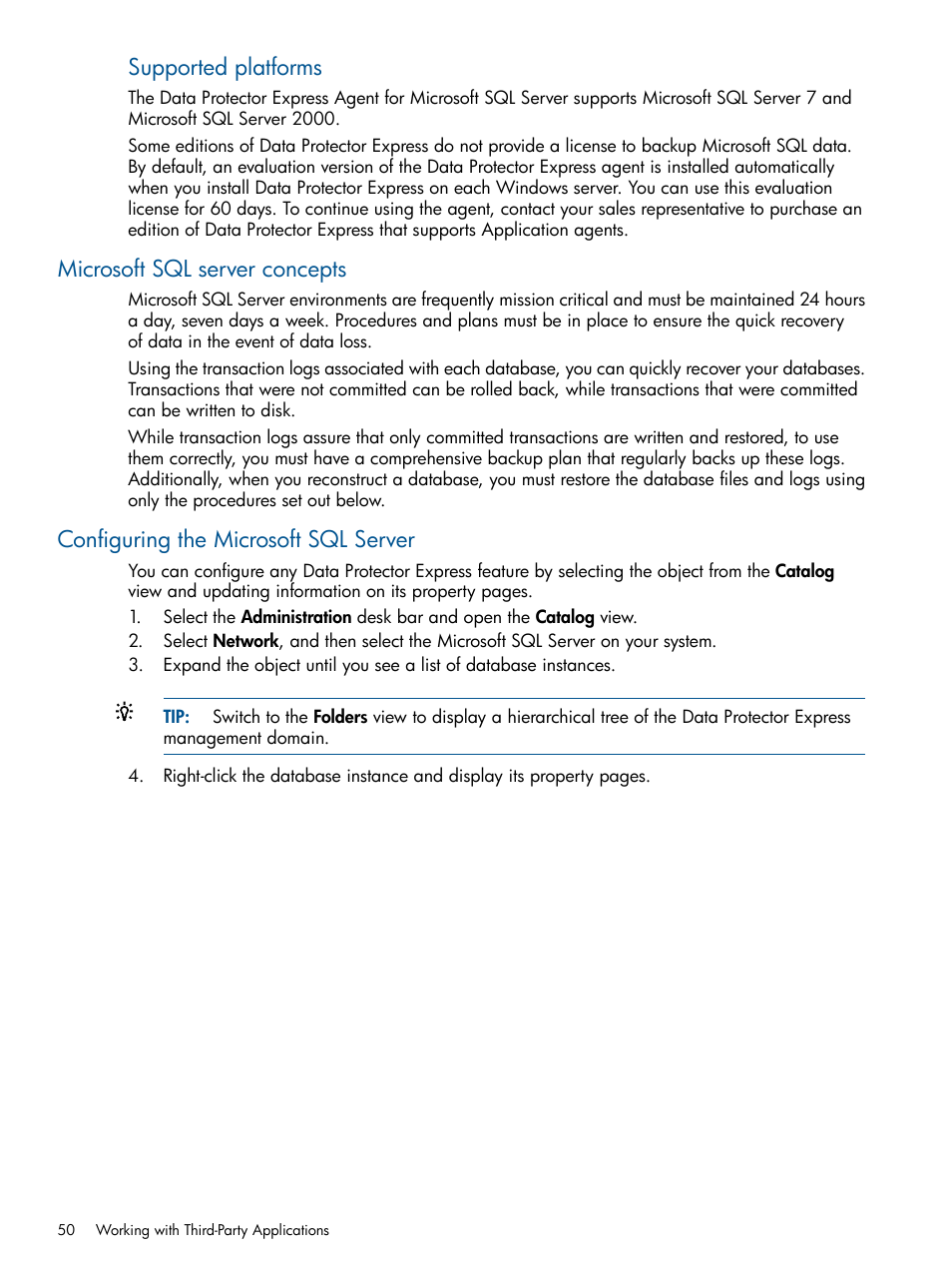 Microsoft sql server concepts, Configuring the microsoft sql server, Supported platforms | HP Data Protector Express Basic-Software User Manual | Page 50 / 83