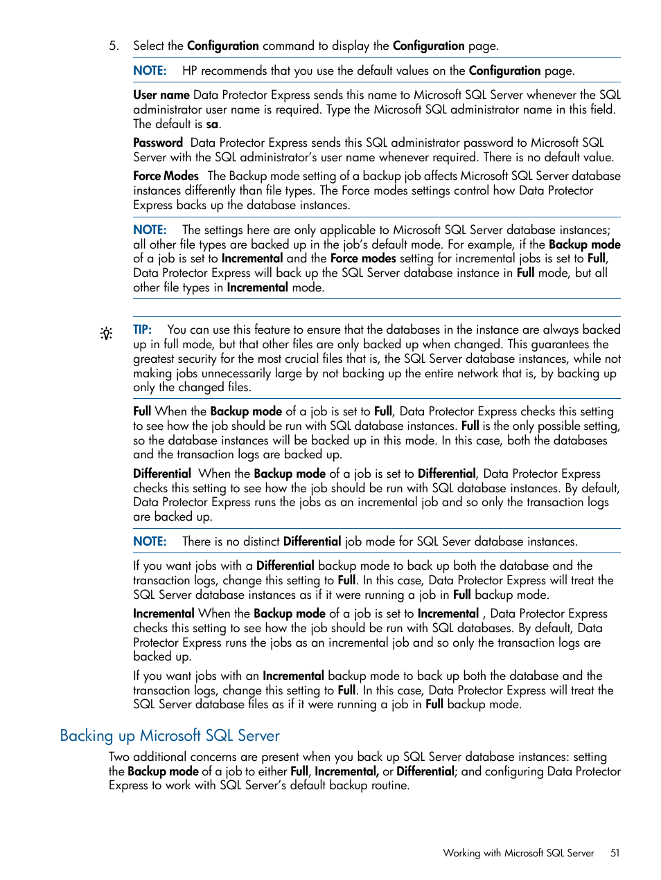 Backing up microsoft sql server | HP Data Protector Express Basic-Software User Manual | Page 51 / 83