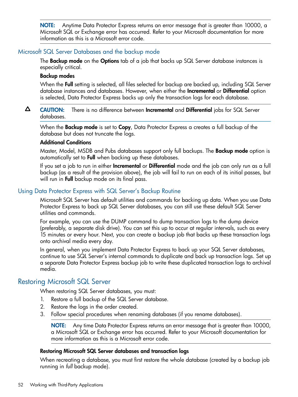 Microsoft sql server databases and the backup mode, Restoring microsoft sql server | HP Data Protector Express Basic-Software User Manual | Page 52 / 83