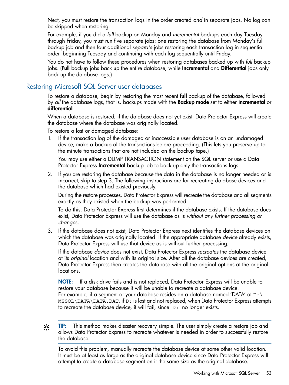 Restoring microsoft sql server user databases | HP Data Protector Express Basic-Software User Manual | Page 53 / 83