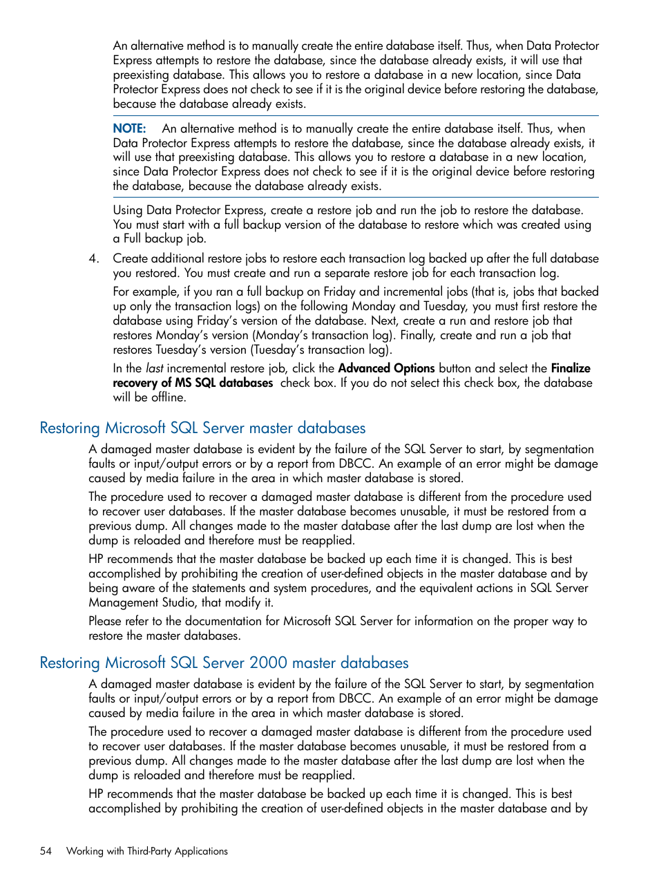 Restoring microsoft sql server master databases | HP Data Protector Express Basic-Software User Manual | Page 54 / 83