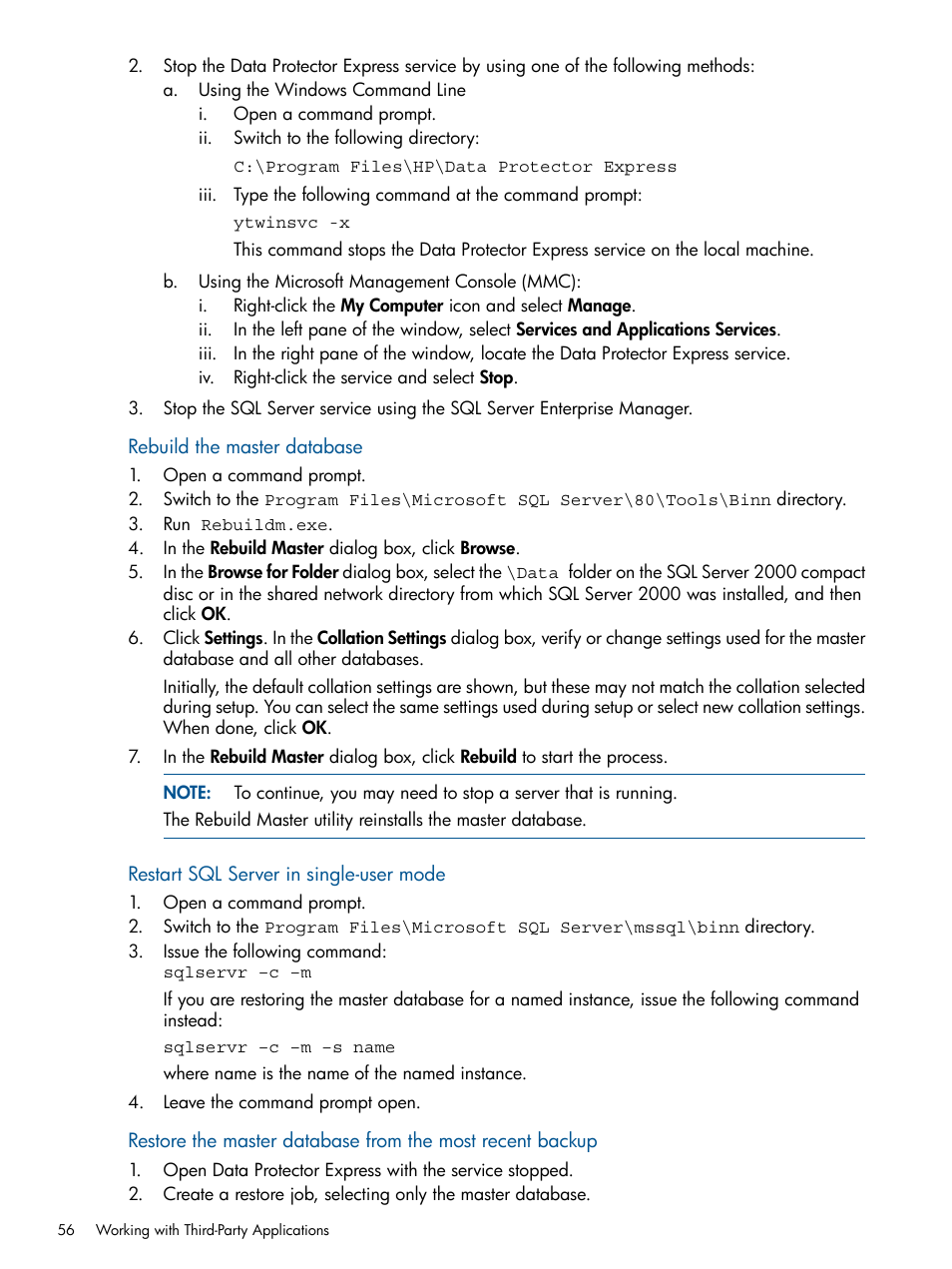 Rebuild the master database, Restart sql server in single-user mode | HP Data Protector Express Basic-Software User Manual | Page 56 / 83