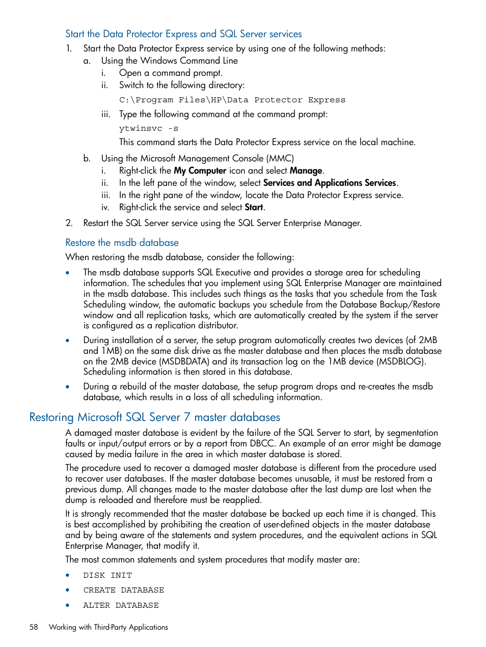 Restoring microsoft sql server 7 master databases, Restore the msdb database | HP Data Protector Express Basic-Software User Manual | Page 58 / 83