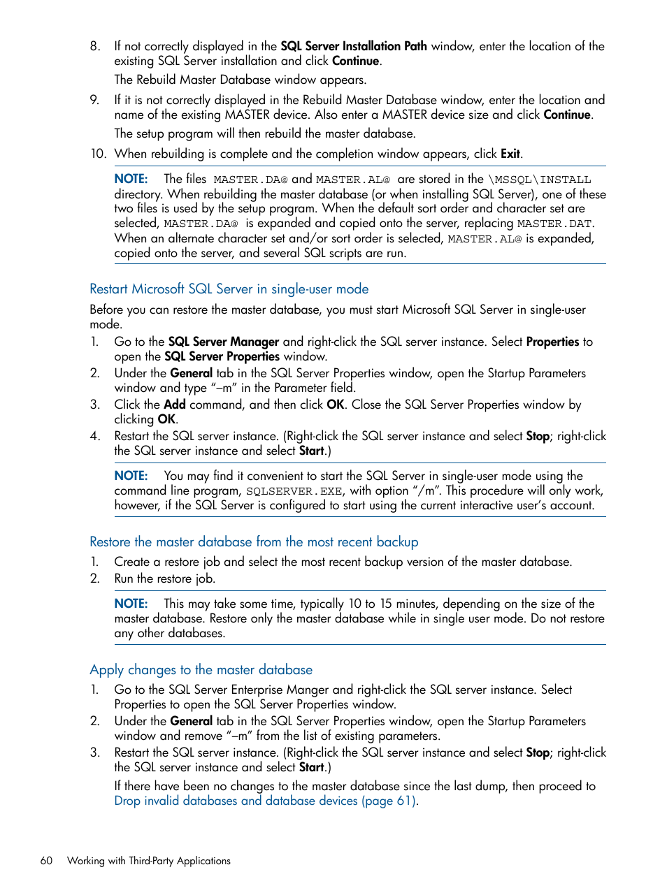 Restart microsoft sql server in single-user mode, Apply changes to the master database | HP Data Protector Express Basic-Software User Manual | Page 60 / 83