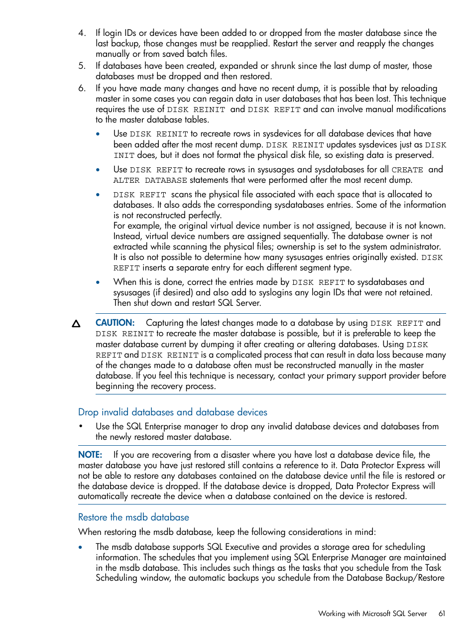 Drop invalid databases and database devices, Restore the msdb database | HP Data Protector Express Basic-Software User Manual | Page 61 / 83