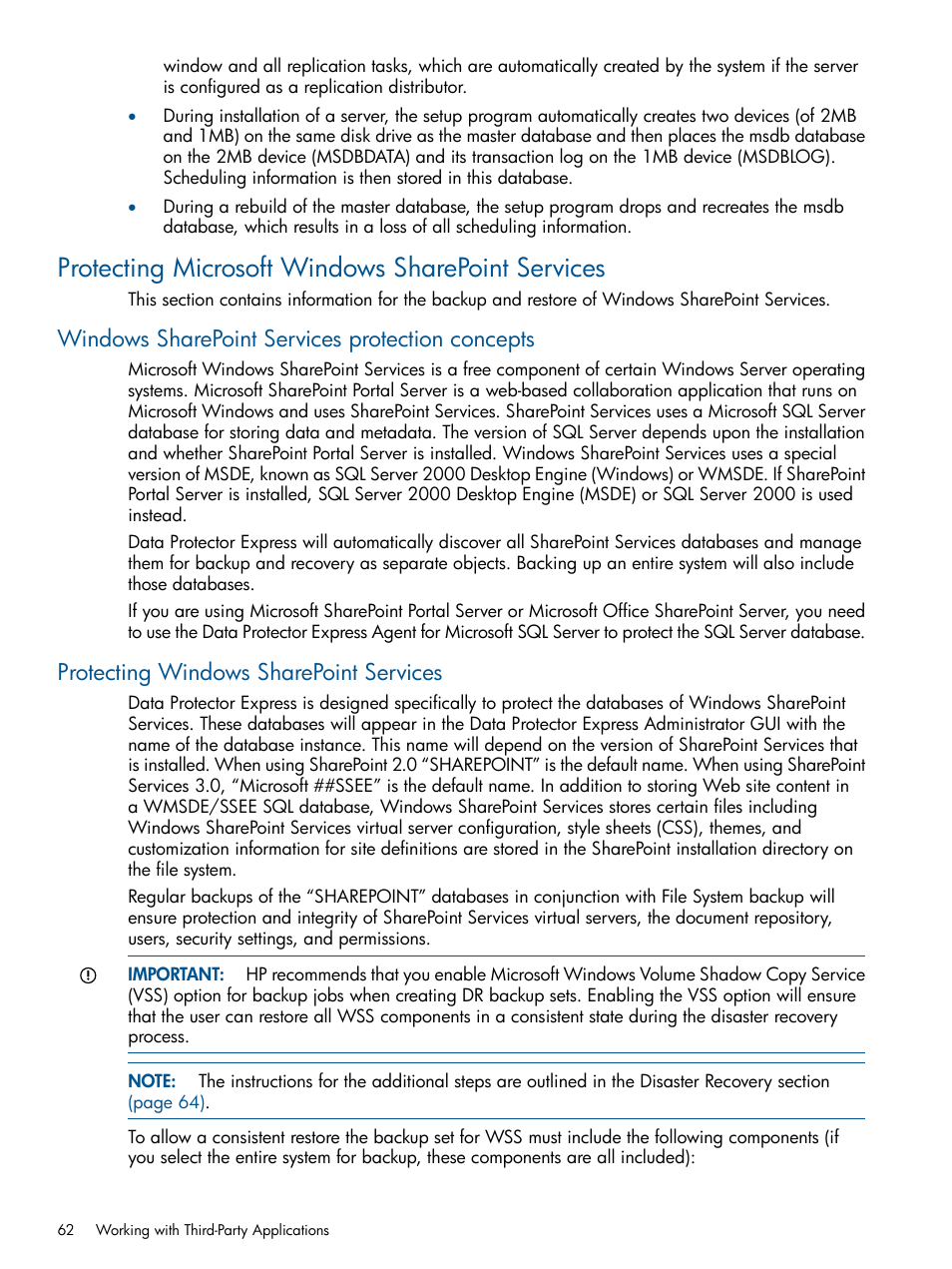 Protecting microsoft windows sharepoint services, Windows sharepoint services protection concepts, Protecting windows sharepoint services | HP Data Protector Express Basic-Software User Manual | Page 62 / 83