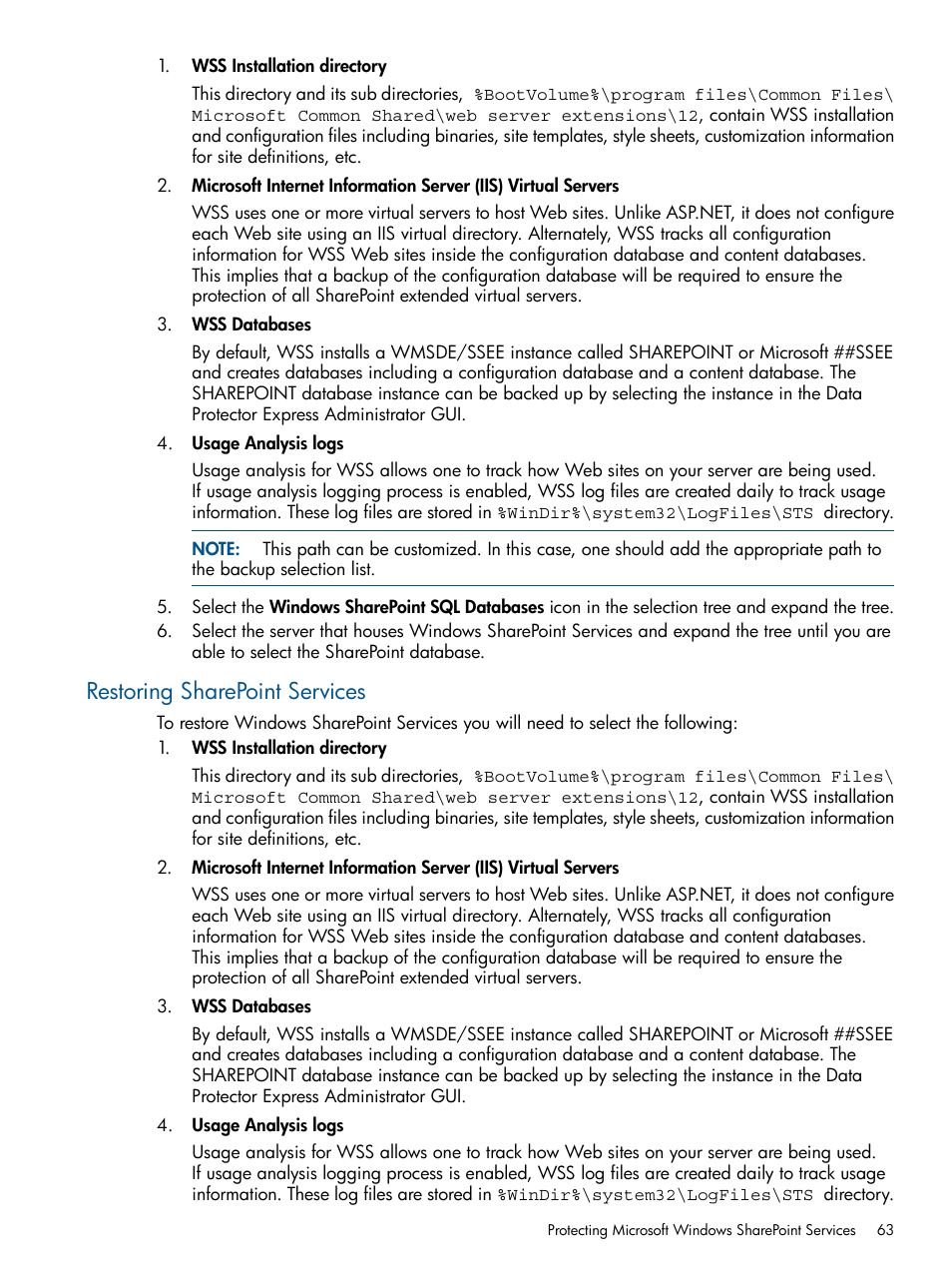 Restoring sharepoint services | HP Data Protector Express Basic-Software User Manual | Page 63 / 83