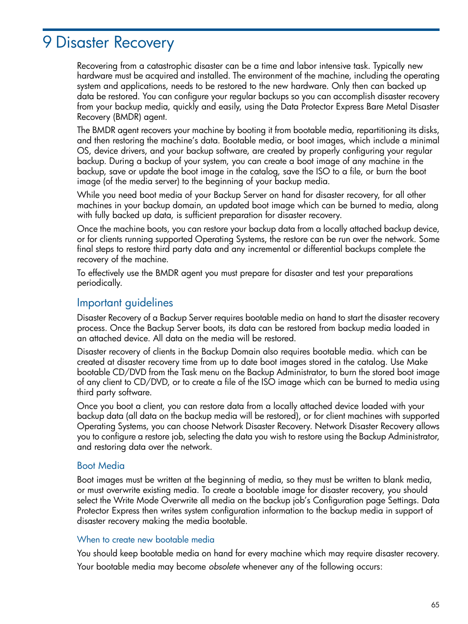 9 disaster recovery, Important guidelines | HP Data Protector Express Basic-Software User Manual | Page 65 / 83