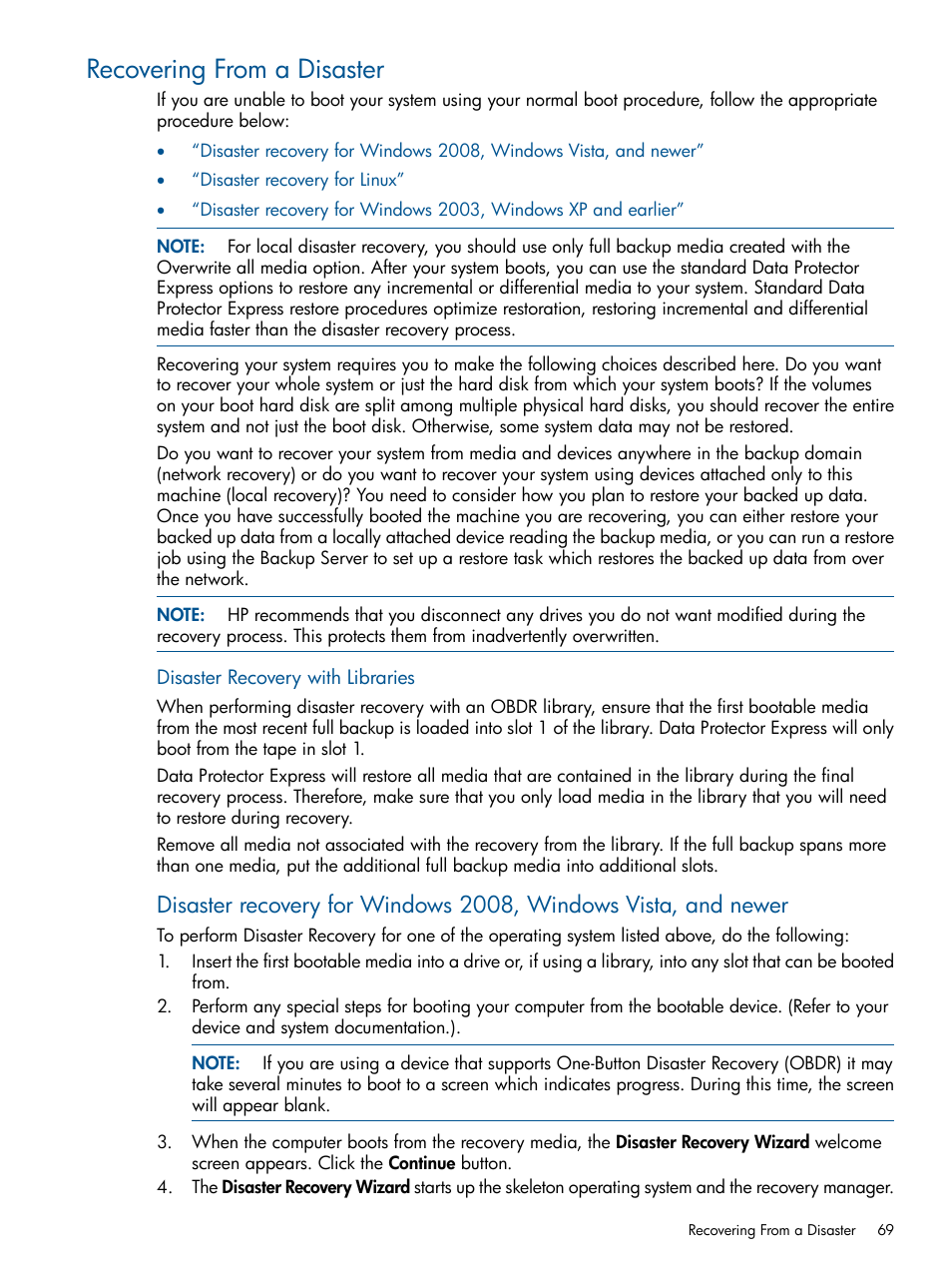Recovering from a disaster | HP Data Protector Express Basic-Software User Manual | Page 69 / 83
