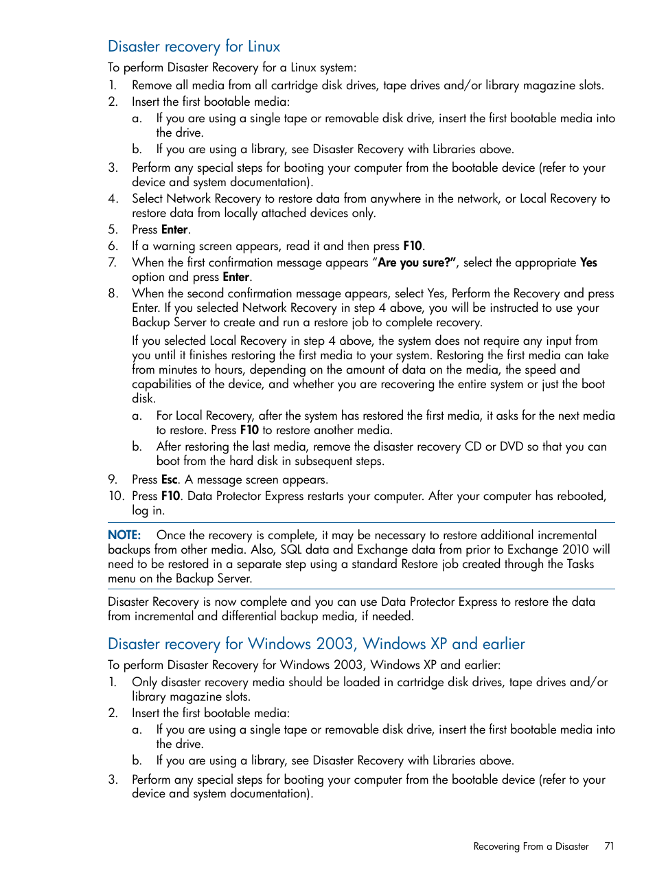 Disaster recovery for linux | HP Data Protector Express Basic-Software User Manual | Page 71 / 83