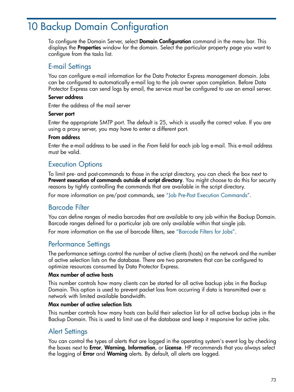 10 backup domain configuration, E-mail settings, Execution options | Barcode filter, Performance settings, Alert settings | HP Data Protector Express Basic-Software User Manual | Page 73 / 83