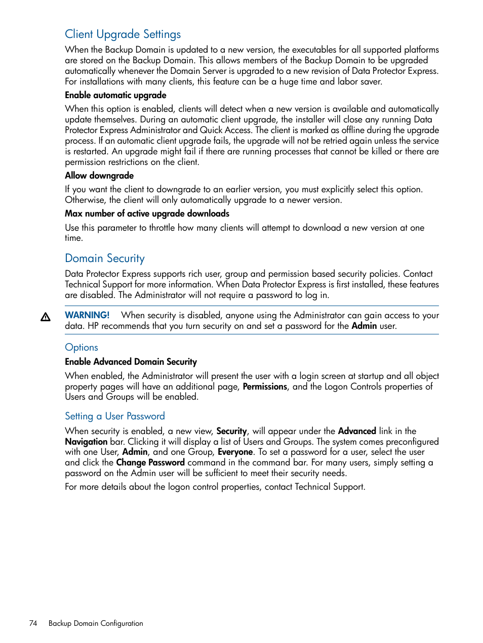 Client upgrade settings, Domain security | HP Data Protector Express Basic-Software User Manual | Page 74 / 83