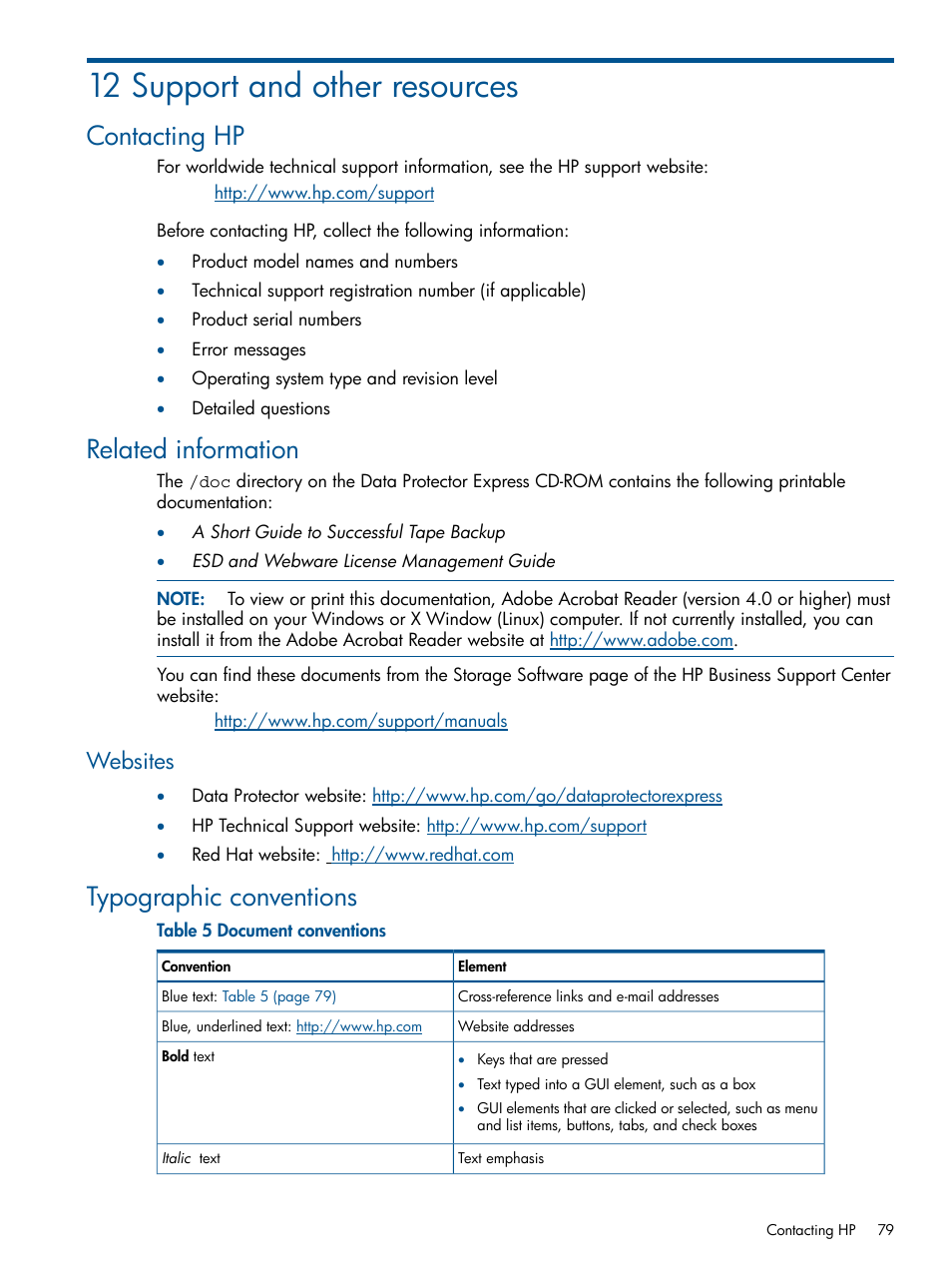 12 support and other resources, Contacting hp, Related information | Websites, Typographic conventions, Contacting hp related information | HP Data Protector Express Basic-Software User Manual | Page 79 / 83