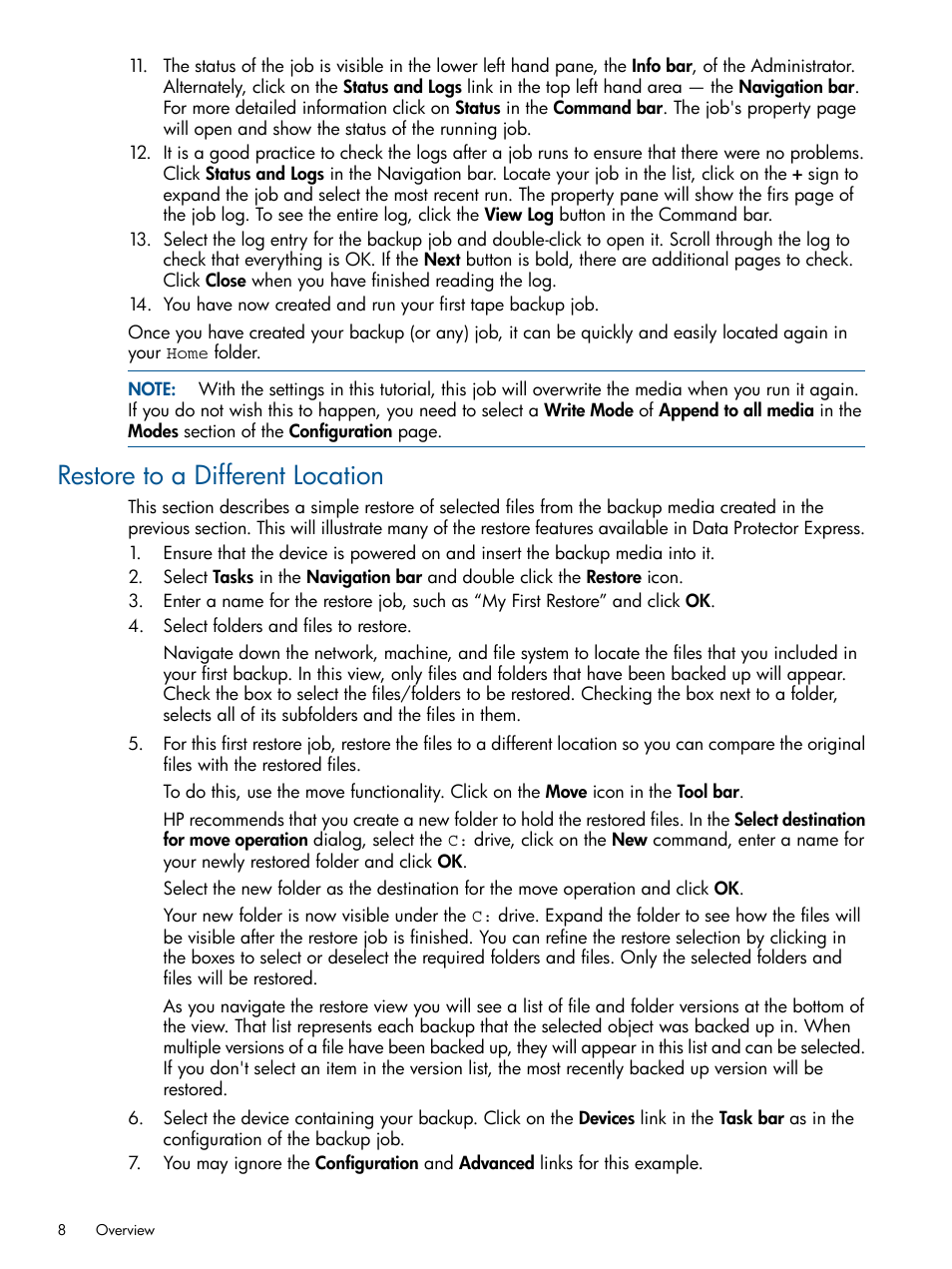 Restore to a different location | HP Data Protector Express Basic-Software User Manual | Page 8 / 83