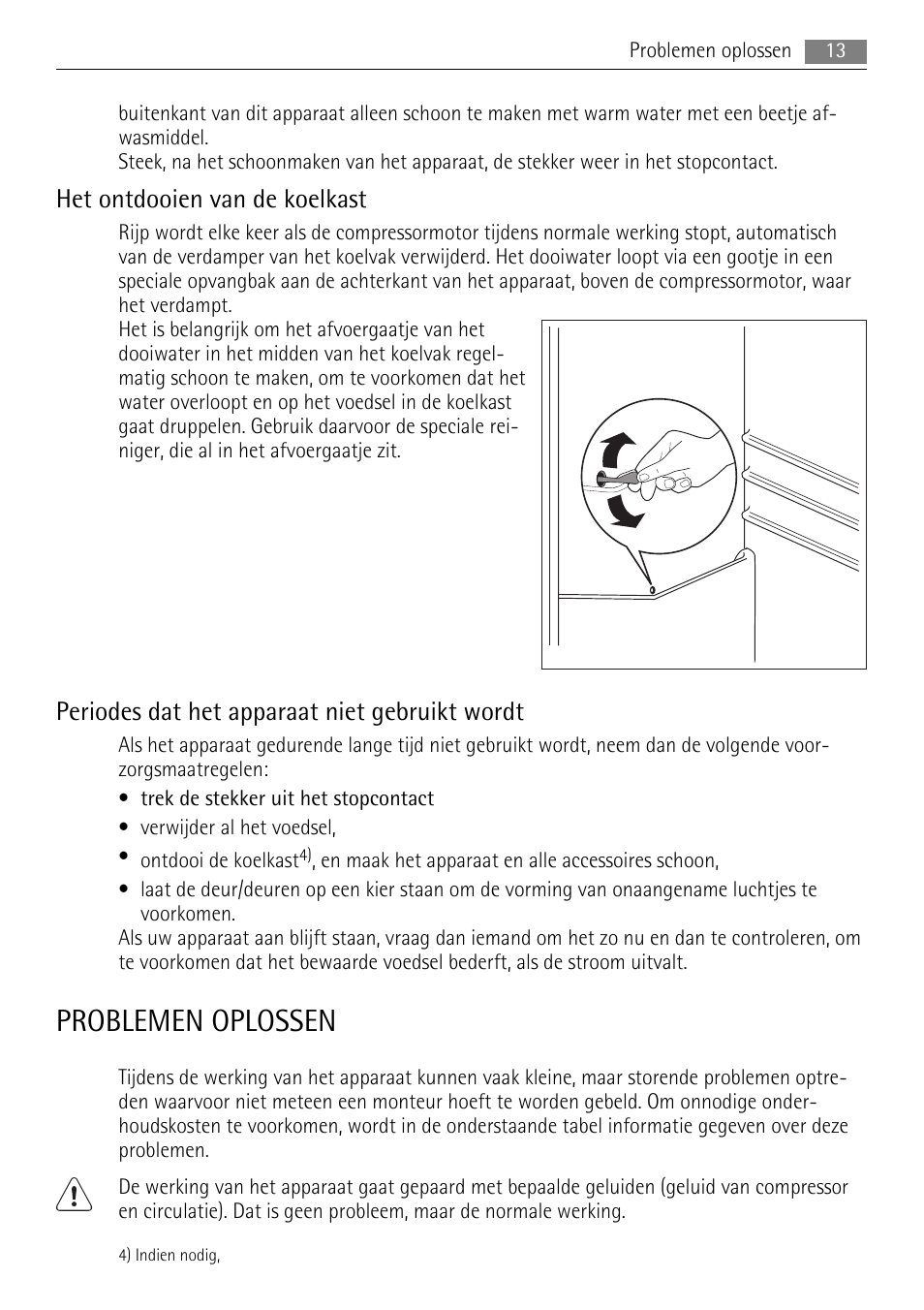 Problemen oplossen, Het ontdooien van de koelkast, Periodes dat het apparaat niet gebruikt wordt | AEG SKS68800F0 User Manual | Page 13 / 76