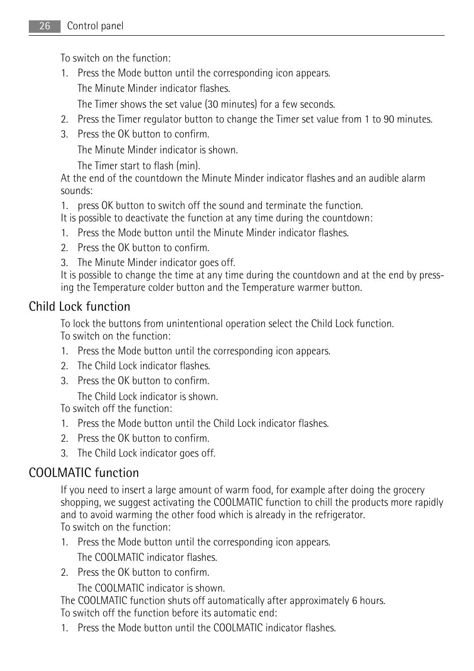 Child lock function, Coolmatic function | AEG SKS68800F0 User Manual | Page 26 / 76