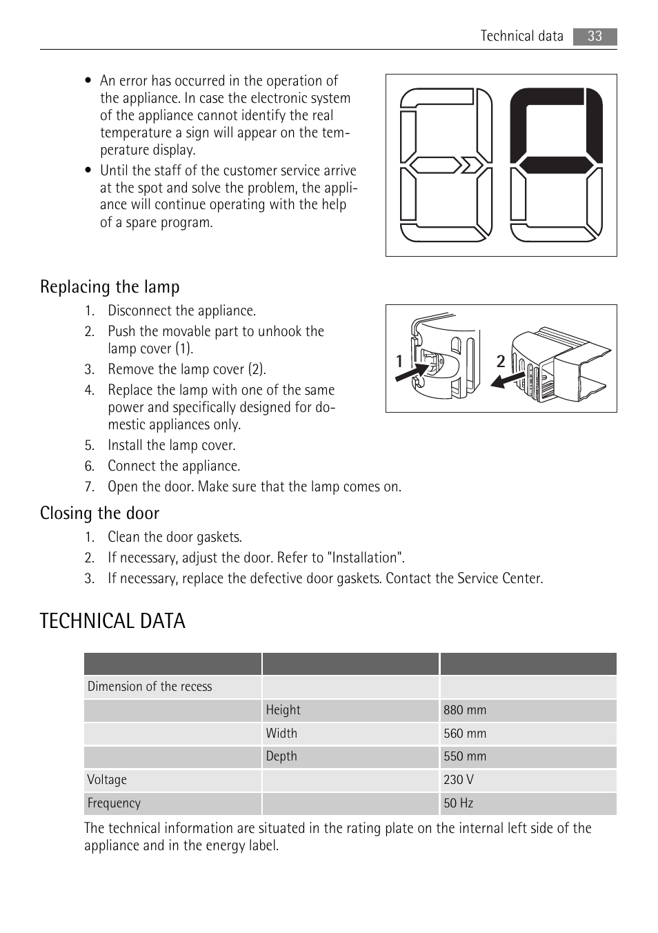 Technical data, Replacing the lamp, Closing the door | AEG SKS68800F0 User Manual | Page 33 / 76