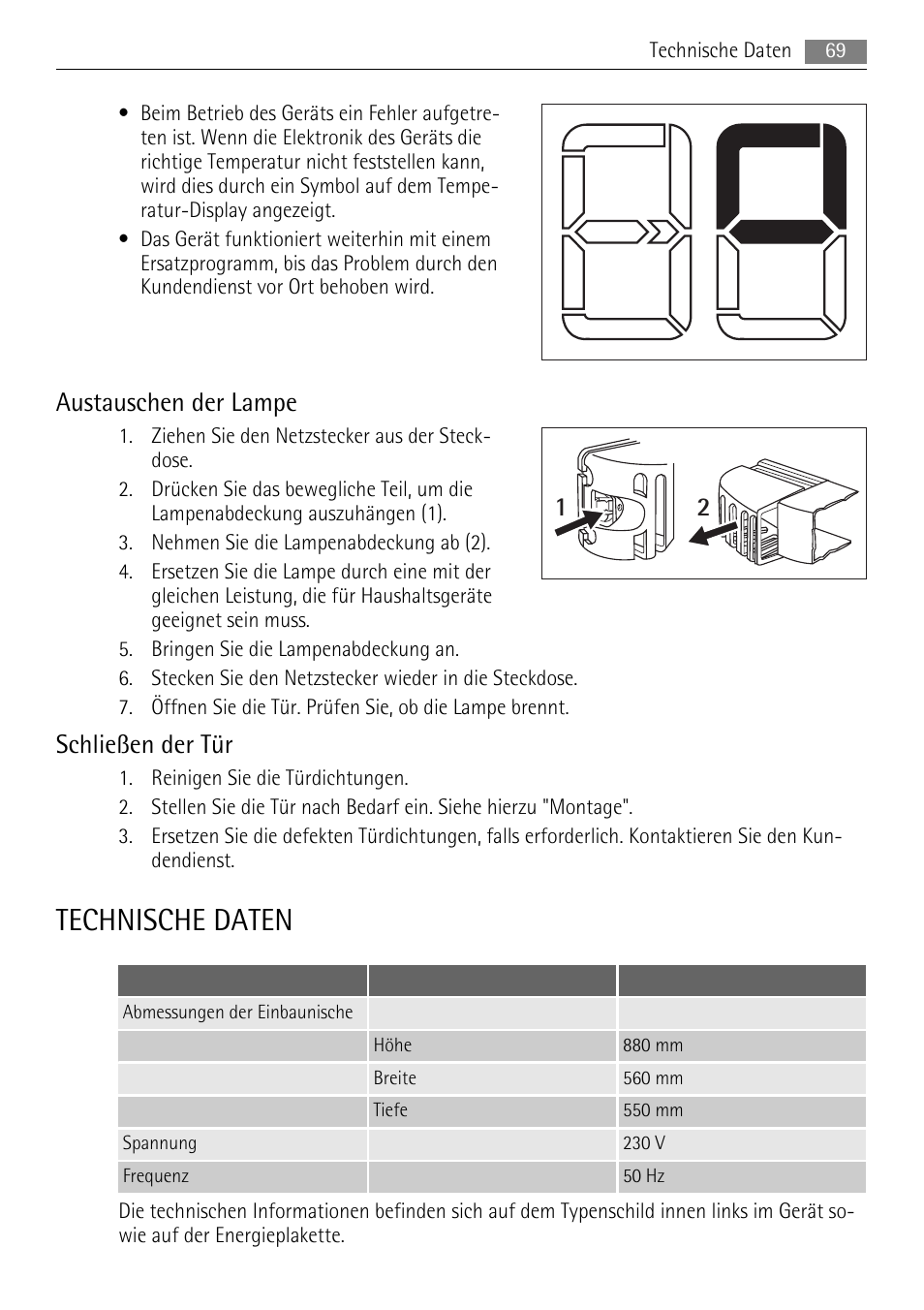 Technische daten, Austauschen der lampe, Schließen der tür | AEG SKS68800F0 User Manual | Page 69 / 76